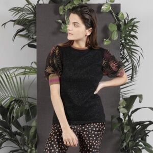 Anthropologie Blank London Elveena Embroidered Puff Sleeve Knit Top